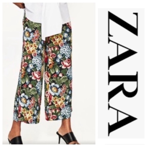 Zara Pants & Jumpsuits Zara Floral Wide Leg Cropped Pants Poshmark